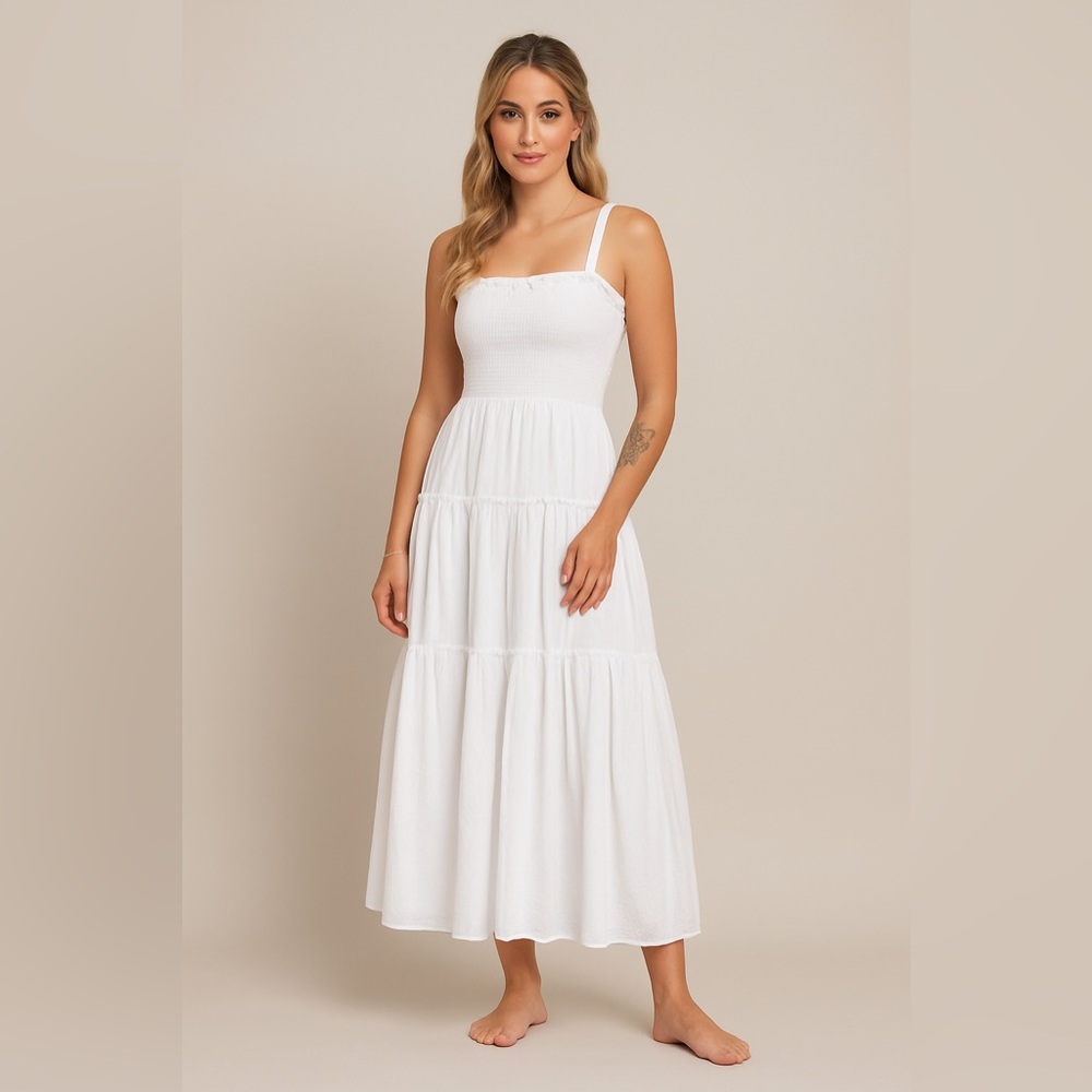 ASOS Design White Flowy Tiered Ruffle Open Back Floor Length Maxi Dress, Size 10 - Picture 2 of 9
